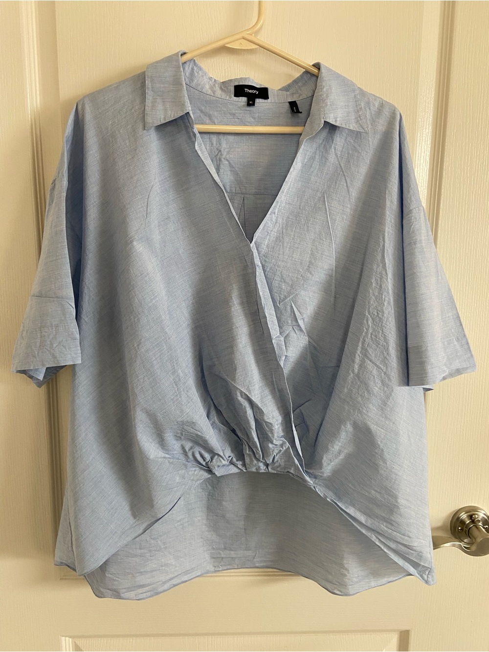 Theory Light Blue Cotton Poplin Collared Surplice Shirt sz XL